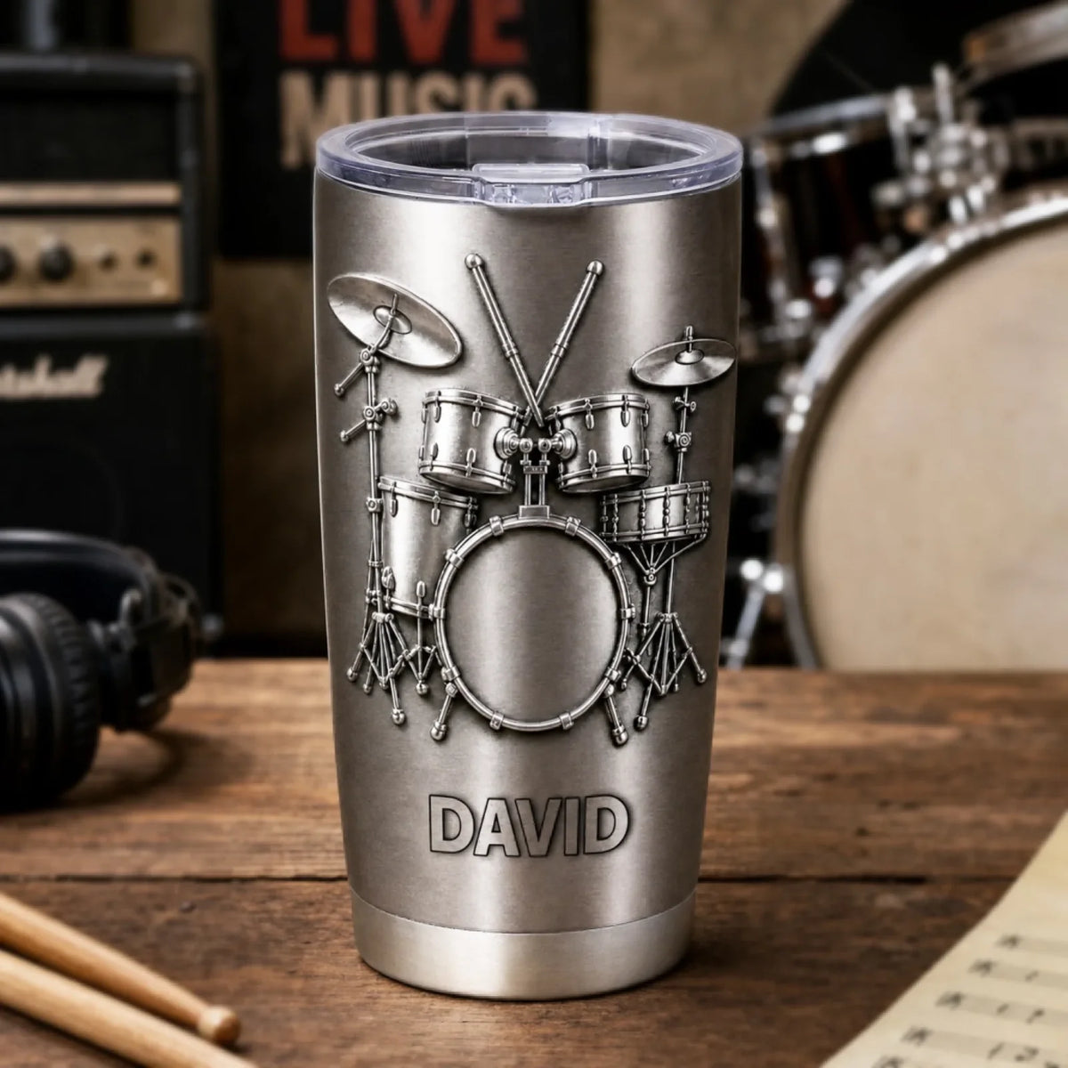 Personalized Drummer Tumbler, Drums Are My Therapy Custom Brushed Silver Cup, 3D Effect Gift for Drummer Musician Dad Husband
