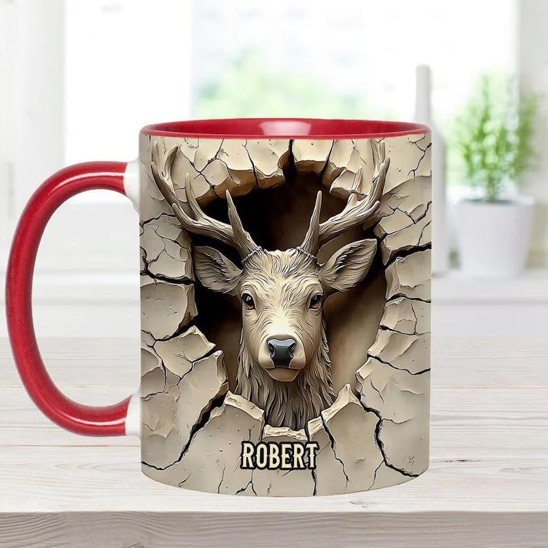 Personalized Deer Hunting Mug, Custom Embossed Effect Buck Ceramic Coffee Cup, Gift for Hunter Dad Husband Grandpa Outdoorsman