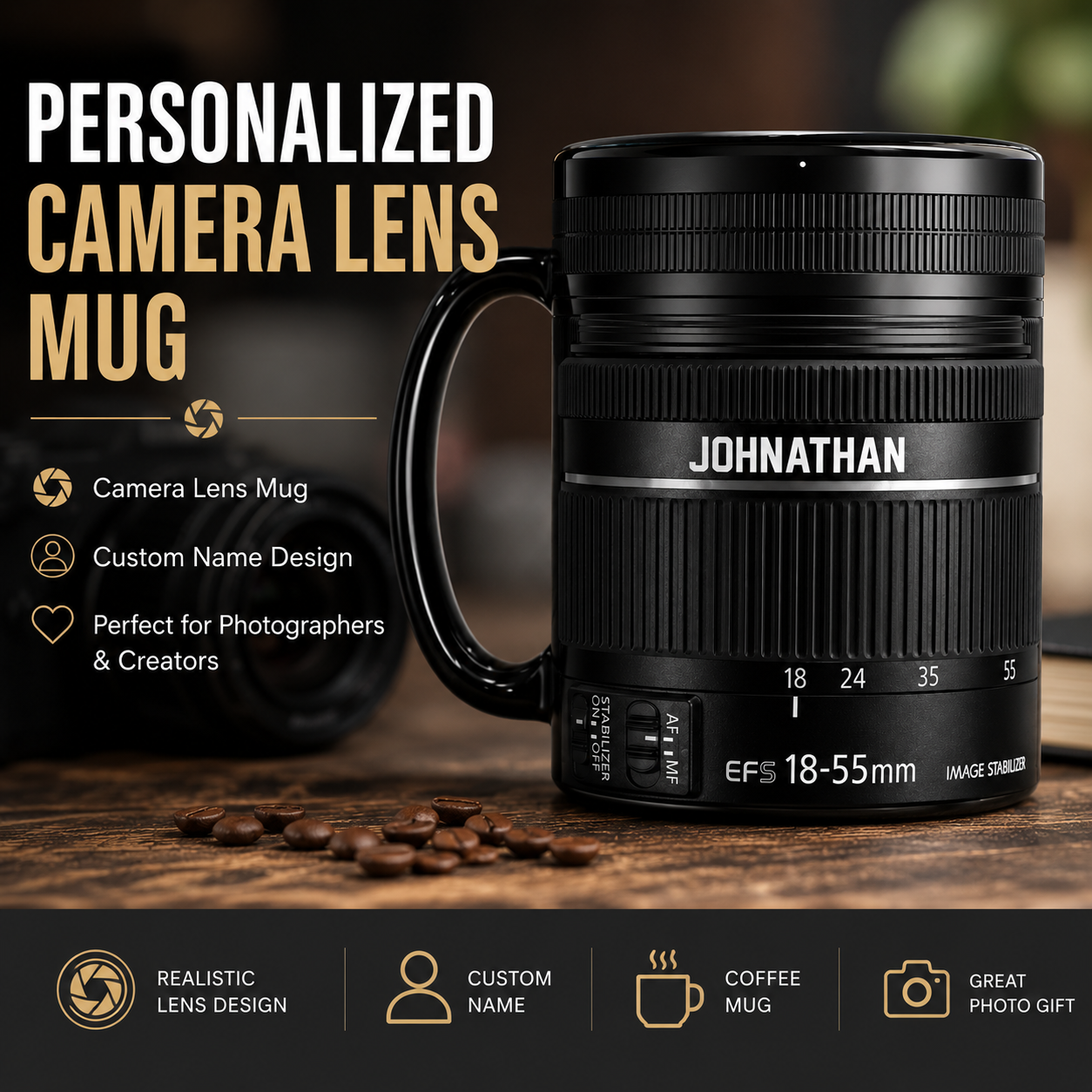 Personalized Camera Lens Coffee Mug 3D Effect with Custom Name, Camera Lens Mug Gift for Photographers, Photography Lover, Camera Enthusiast