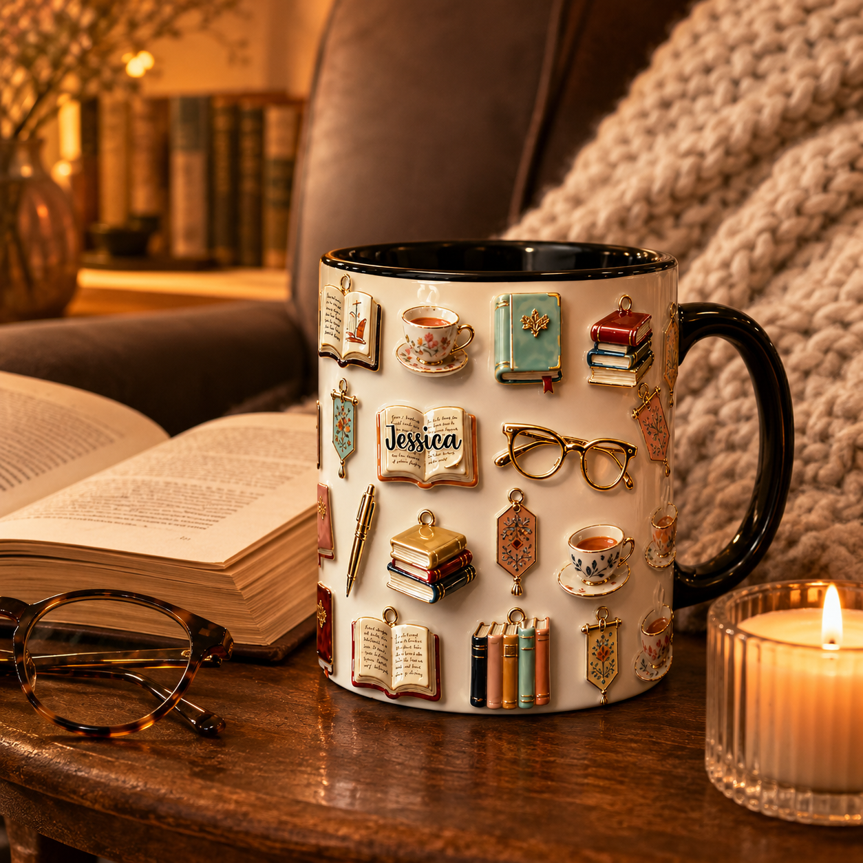 Personalized Book Lover Accent Mug 3D Effect with Custom Name, Ceramic Coffee Mug for Readers, Bookworm Gift for Women, 11oz 15oz