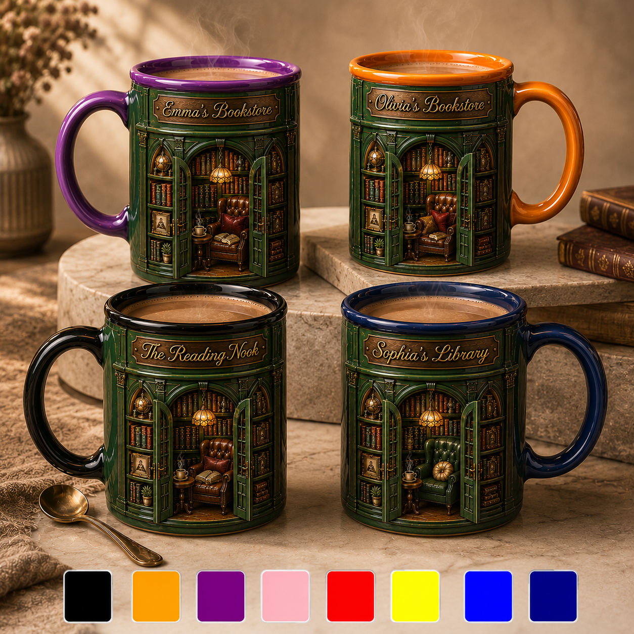 Personalized Bookstore Coffee Mug 3D Effect with Custom Name, Ceramic Book Lover Mug, Cozy Reading Gift for Readers, Librarians, 11oz 15oz