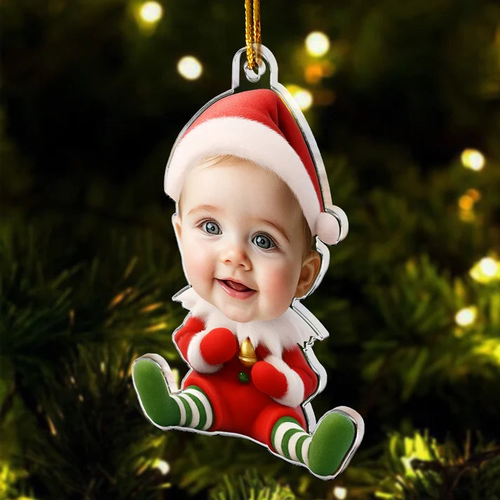Personalized Kid Face Elf Christmas Ornament, Custom Baby Boy Girl Photo Acrylic Keepsake, Gift for Parents Grandparents