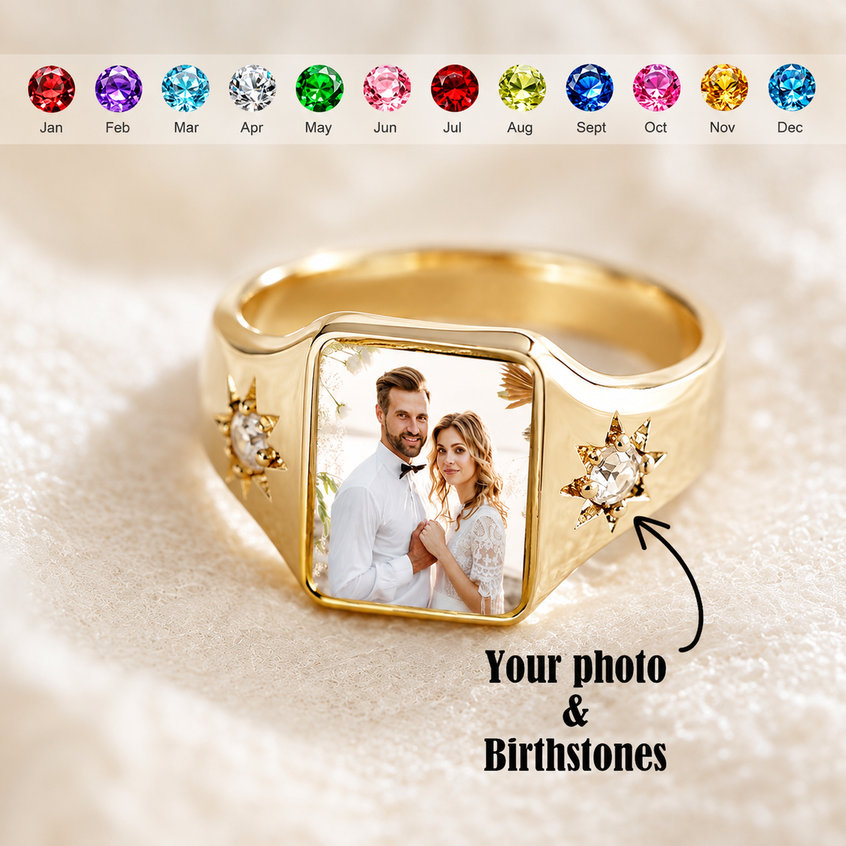Personalized Photo Birthstone Ring, Custom Picture Ring with 2 Birthstones, Memorial Family Couple Jewelry Gift for Women