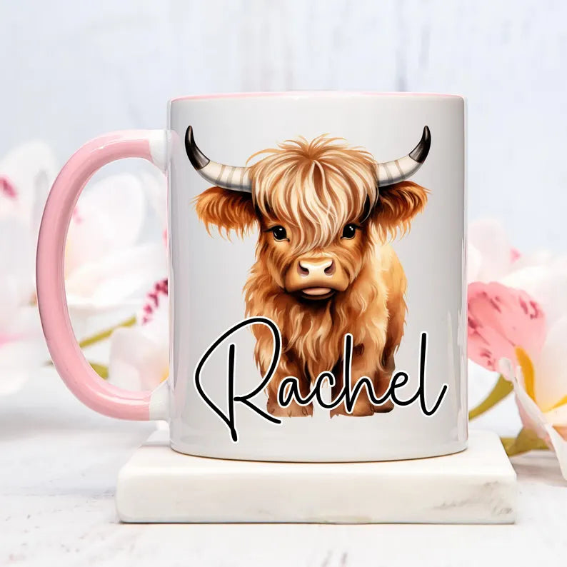 Personalized Highland Cow Coffee Mug, Custom Cute Cow Ceramic Cup, Gift for Cow Lover Women Friend Mom Birthday Gift for Her