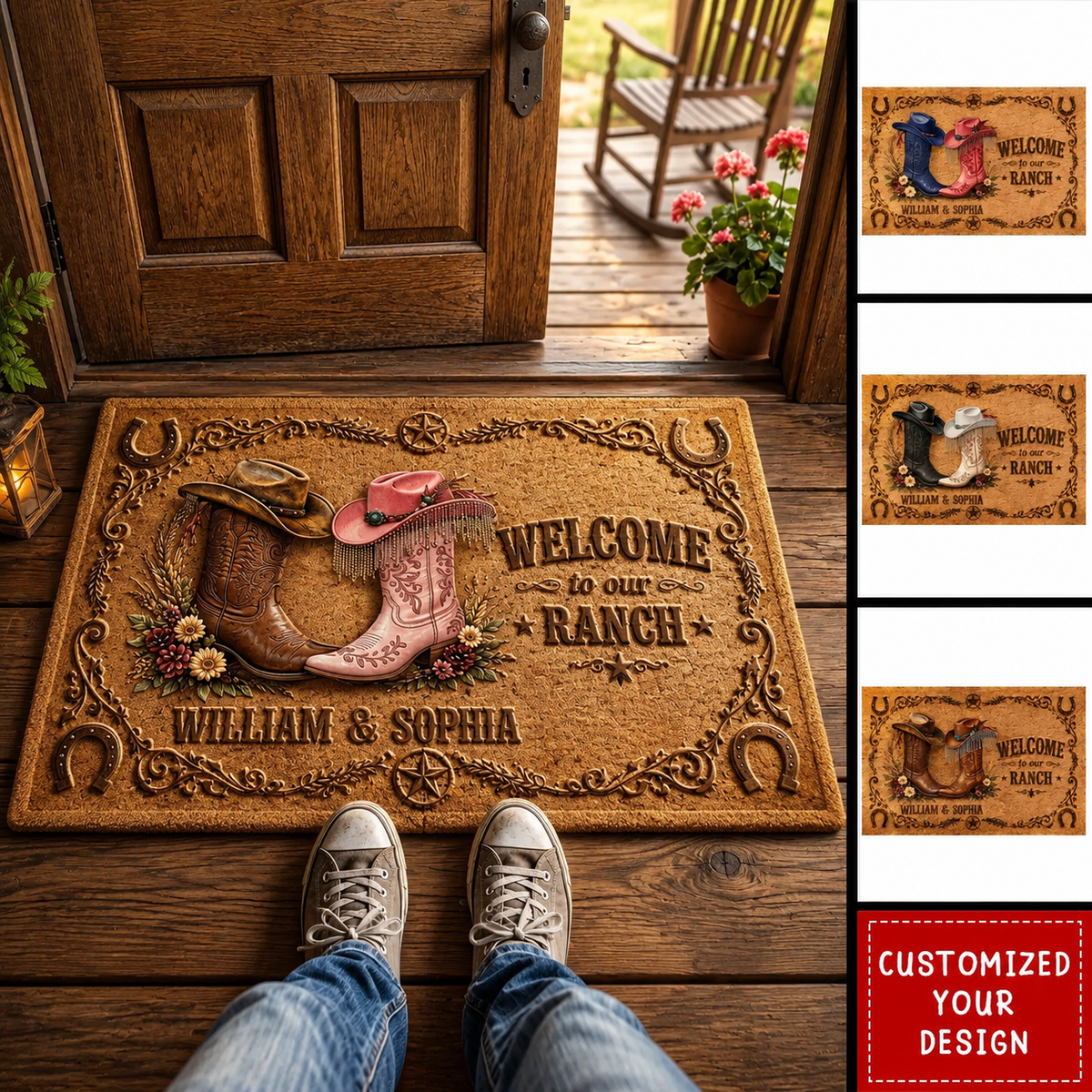 Welcome To Our Ranch Personalized Doormat, Custom Western Cowboy Cowgirl Door Mat, Rustic Farmhouse Entry Rug, Country Couple Housewarming Gift
