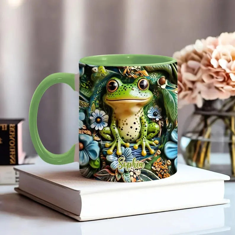 Personalized Frog Accent Mug, Custom Cute Frog Ceramic Coffee Cup, Gift for Frog Lover Women Mom Friend, Mother’s Day Birthday Gift