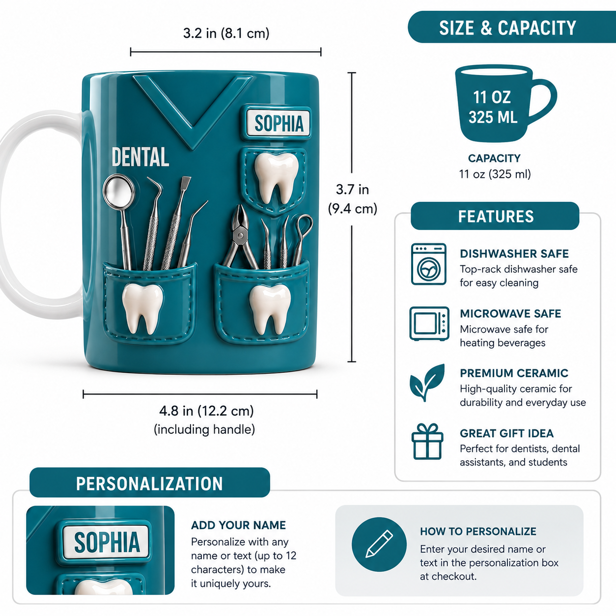 Personalized Dental Mug 3D Effect – Custom Name Gift for Dentists, Dental Hygienists & Dental Assistants