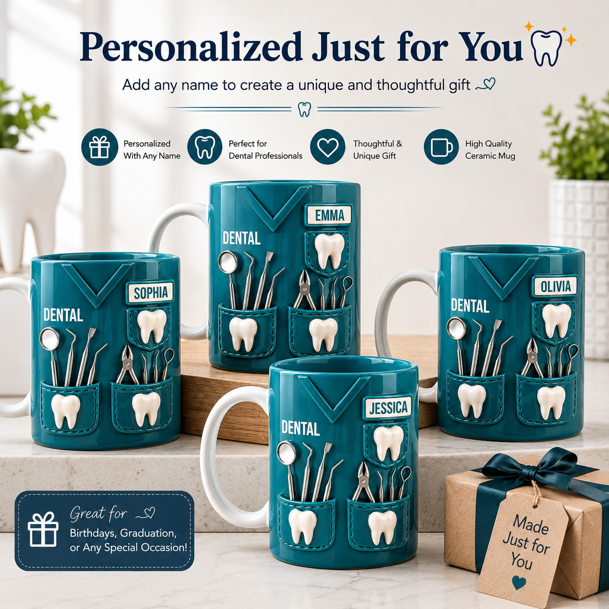 Personalized Dental Mug 3D Effect – Custom Name Gift for Dentists, Dental Hygienists & Dental Assistants