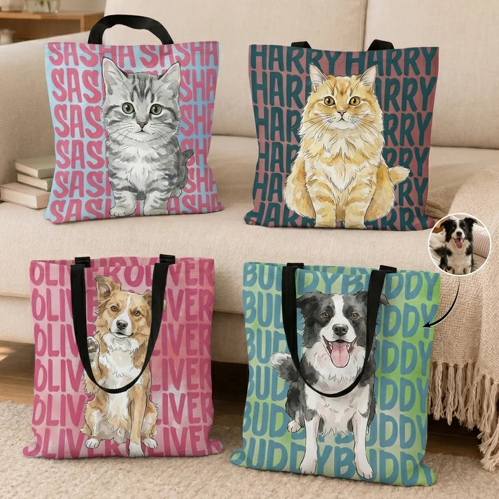 Personalized Pet Portrait Tote Bag with Name, Custom Watercolor Dog Cat Photo Bag, Gift for Dog Mom Cat Mom Pet Lover