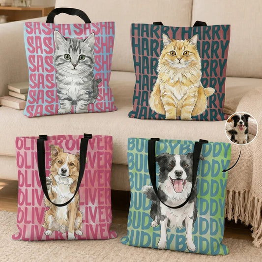 Personalized Pet Portrait Tote Bag with Name, Custom Watercolor Dog Cat Photo Bag, Gift for Dog Mom Cat Mom Pet Lover