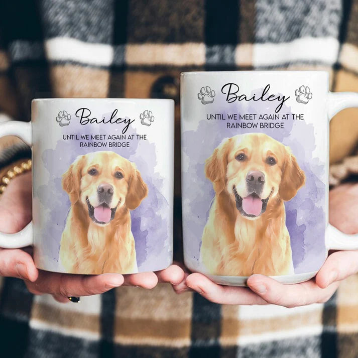 Personalized Pet Memorial Mug from Photo, Custom Watercolor Dog Cat Portrait Coffee Cup, Rainbow Bridge Sympathy Gift for Pet Loss