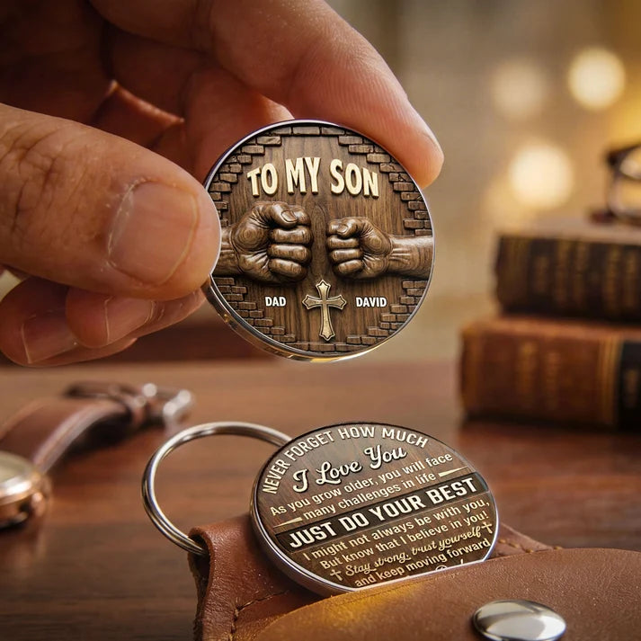 Personalized Pocket Hug for Son Grandson, To My Son My Boy Stainless Steel Token with PU Leather Holder, Gift from Mom Dad Grandma Grandpa