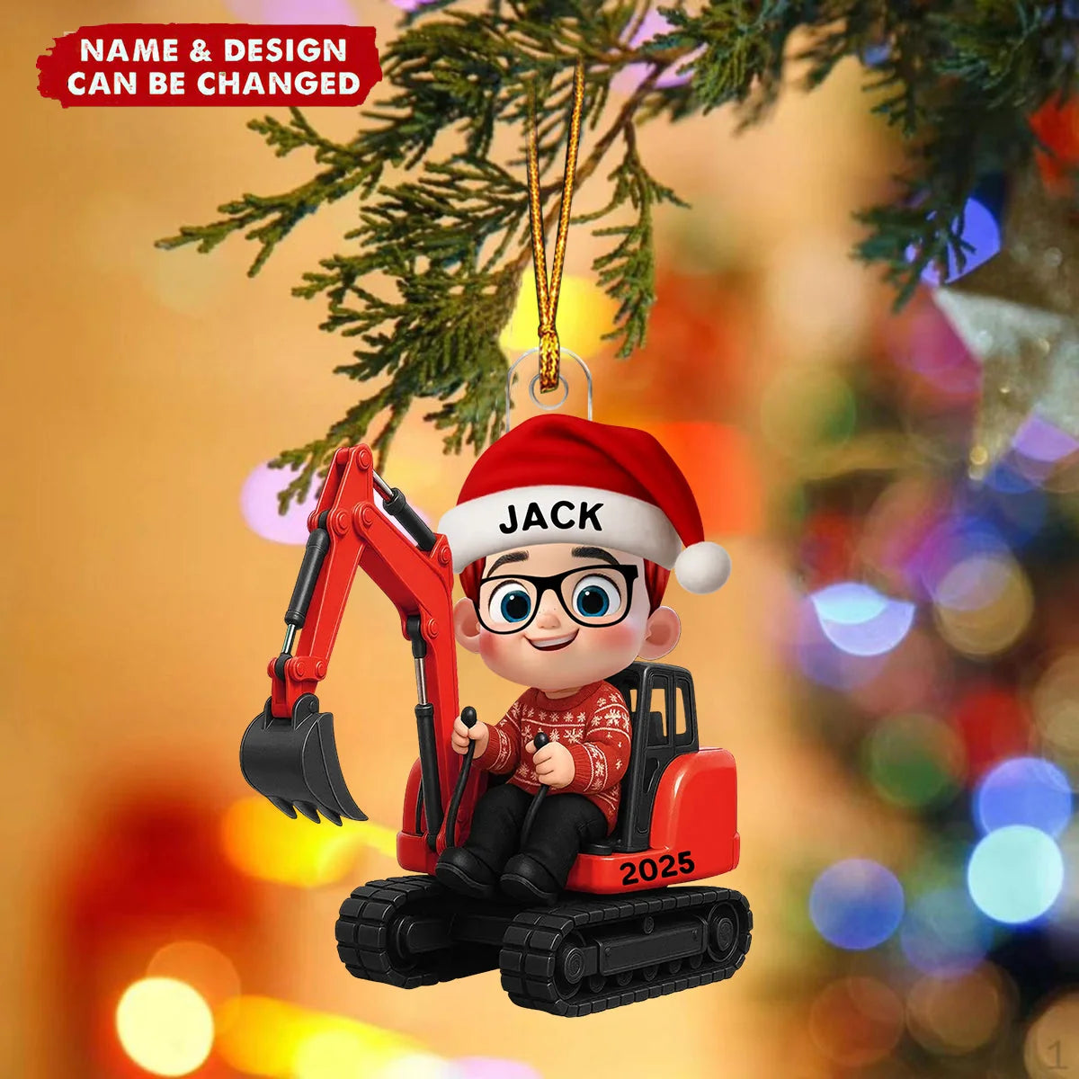 Personalized Construction Vehicle Christmas Ornament with Name, 3D Effect Excavator Backhoe Tractor Acrylic Keepsake, Gift for Little Boy Kid