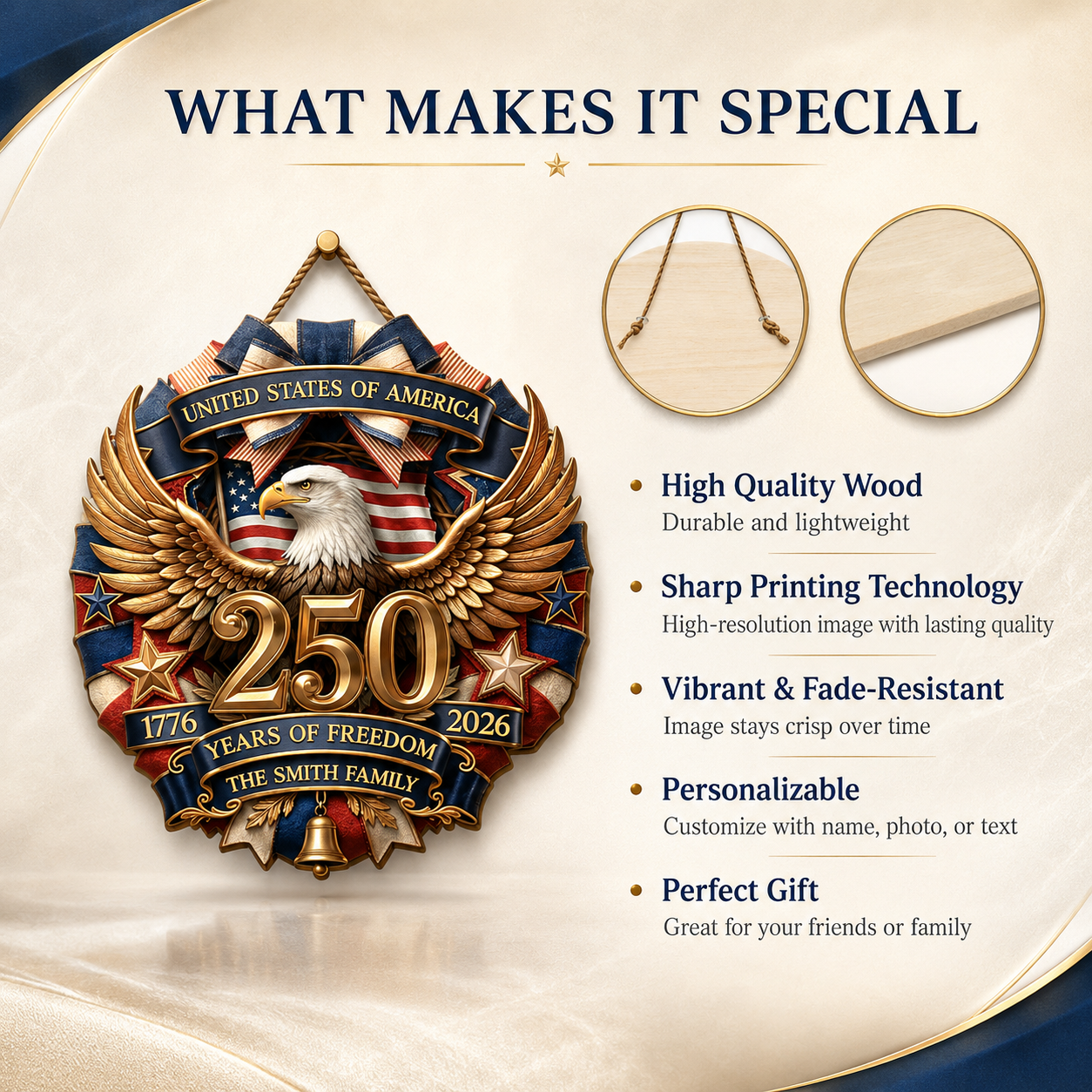 America 250 Years of Freedom Personalized Wood Sign – 4th of July Gift