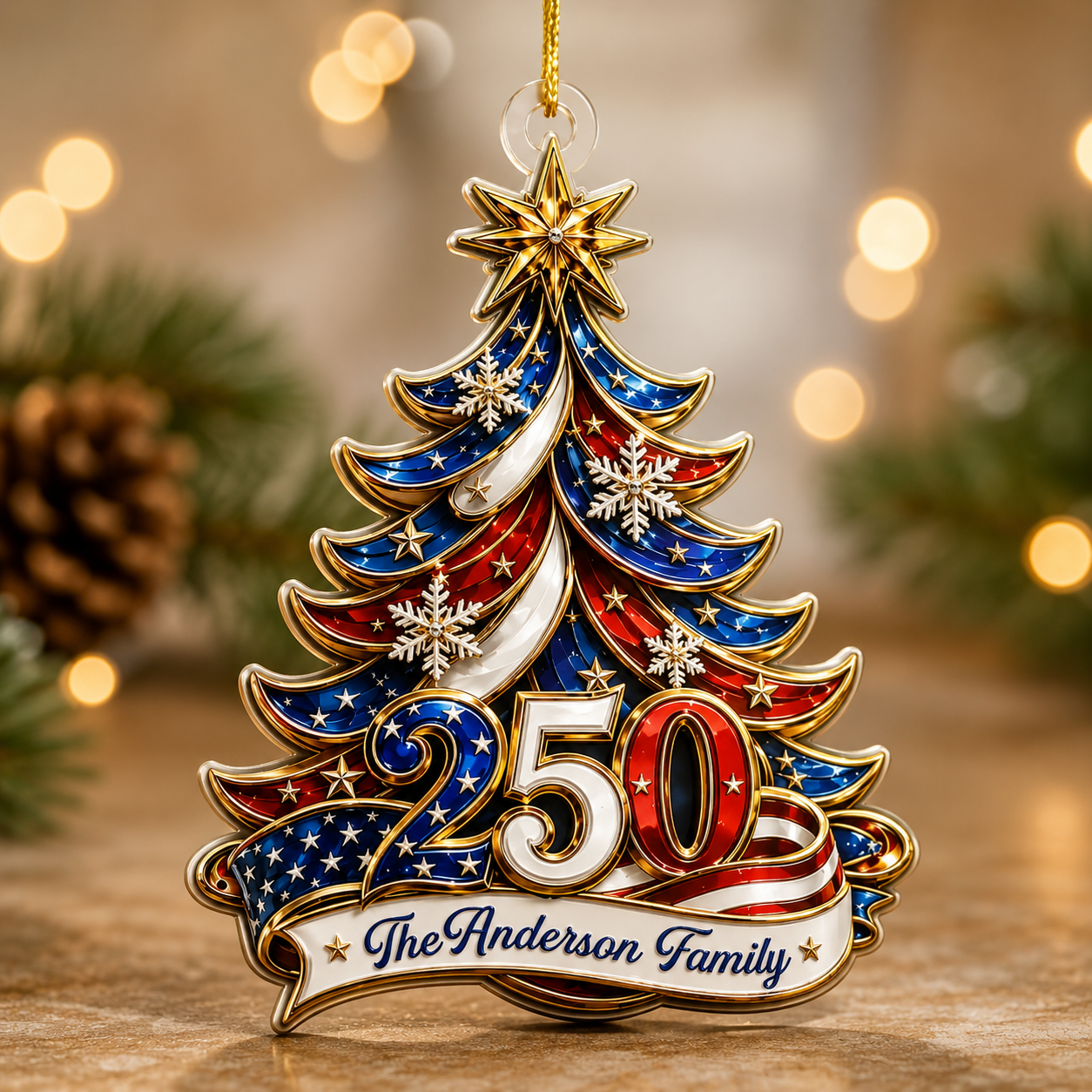Personalized America 250 Christmas Ornament, Patriotic Acrylic Tree Ornament with Family Name, USA 250th Anniversary Keepsake, Custom Holiday Gift