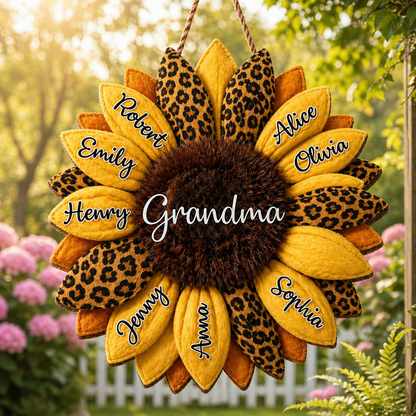 Personalisiertes Sonnenblumen-Familienname-Holztürschild für Mama oder Oma Geschenk – Unser Familienherz Andenken