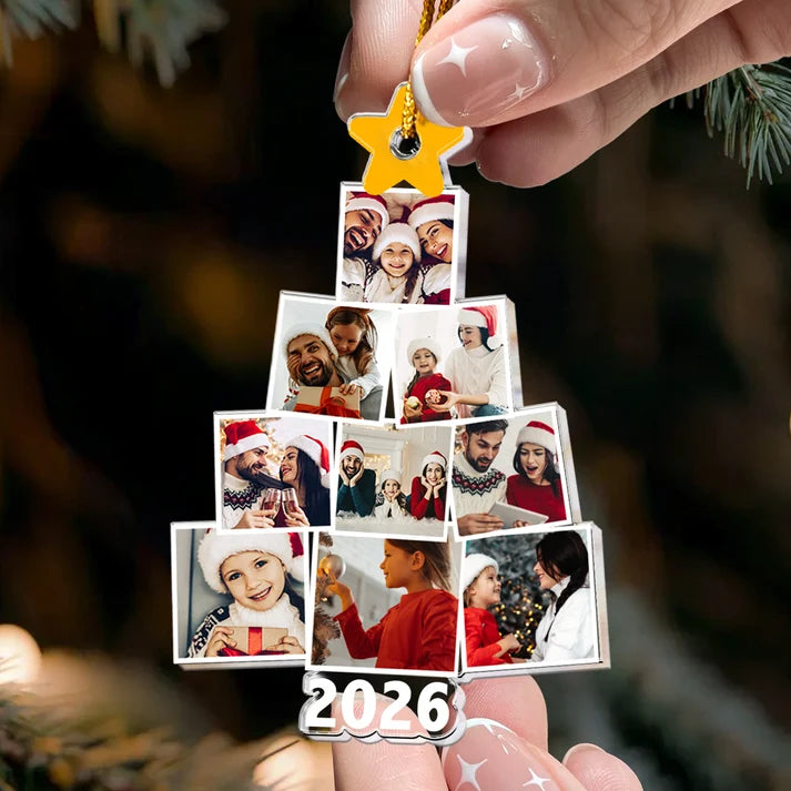 Personalized Family Tree Photo Christmas Ornament with Year, Custom Family Picture Acrylic Keepsake, Gift for Parents Grandparents