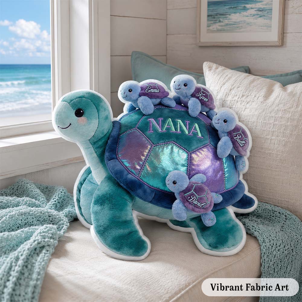 Personalized Nana Turtle Faux Fur Shaped Pillow, Custom Grandma Pillow with Family Design, Gift for Mom Grandma Nana from Grandkids