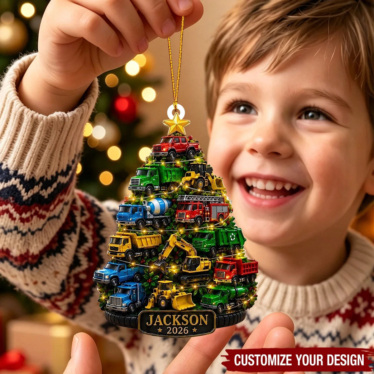 Personalized Truck Kids Christmas Ornament with Name & Year, Custom Fire Truck Digger Dump Truck Acrylic Keepsake, Gift for Boys Grandson Son