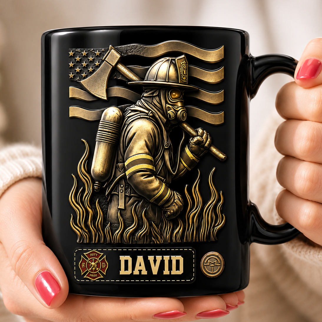 Proud Firefighter Personalized 3D Black Mug with Custom Name, Ceramic Coffee Mug Gift for Firefighters, EMTs & First Responders