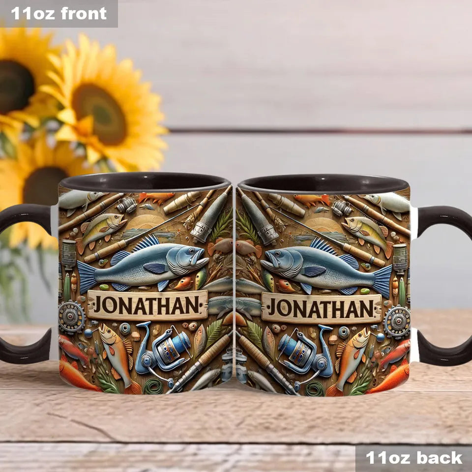 Personalized Fishing Accent Mug, Custom Fisherman Ceramic Coffee Cup, Gift for Fisherman Dad Husband Grandpa Angler Fishing Lover