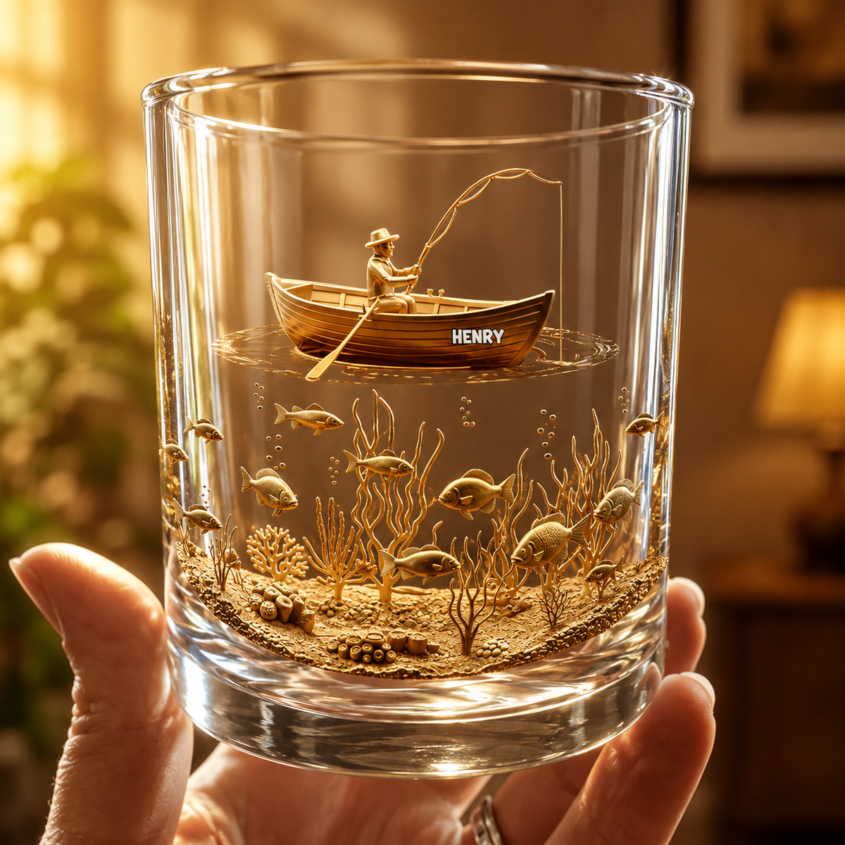 Personalized Fishing 3D Effect Whiskey Glass, Custom Name Rock Glass, Fisherman Gift for Dad Husband Fishing Lovers