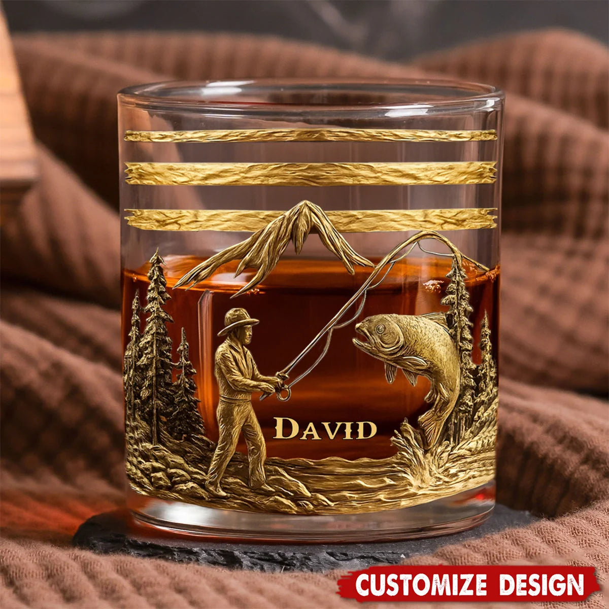 Personalized Fishing Whiskey 3D Effect Glass with Name, Custom Fisherman Rocks Glass, Fishing Gift for Dad Husband Boyfriend Angler