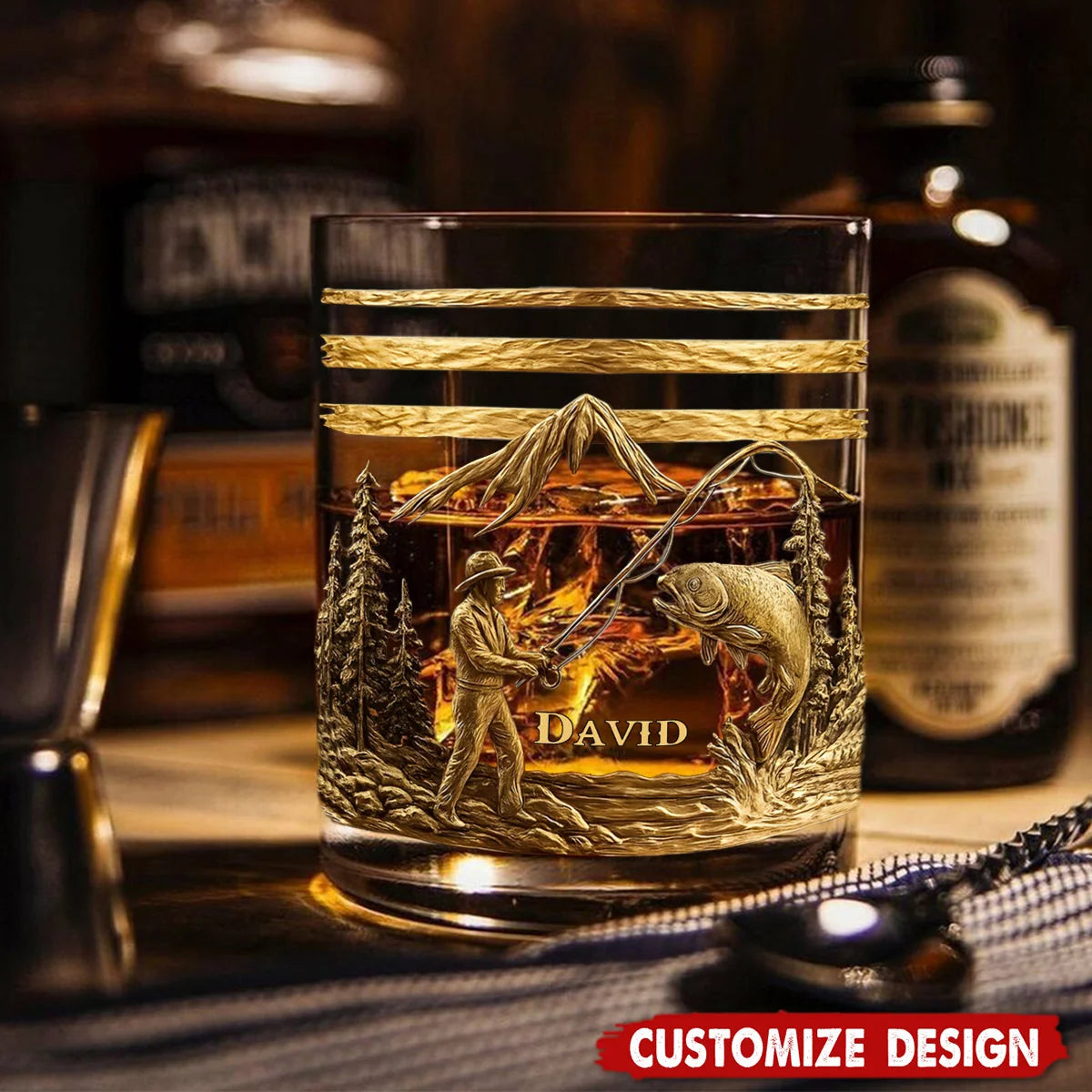 Personalized Fishing Whiskey 3D Effect Glass with Name, Custom Fisherman Rocks Glass, Fishing Gift for Dad Husband Boyfriend Angler