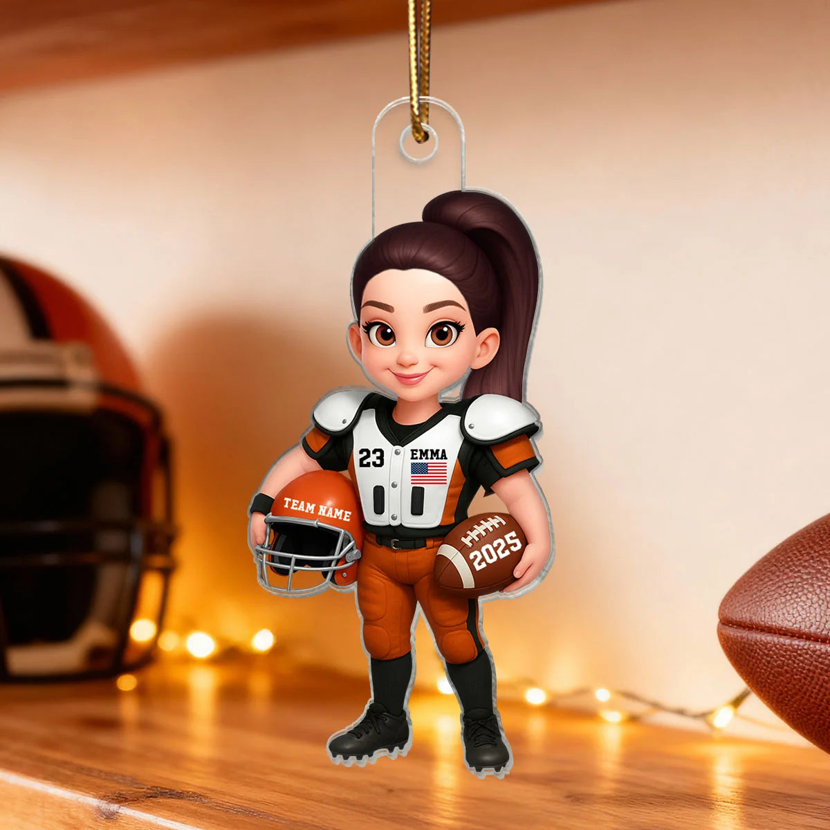 Personalized American Football Player Car Ornament, 3D Effect Acrylic Hanger, Gift for Football Lover Son Grandson Husband Dad