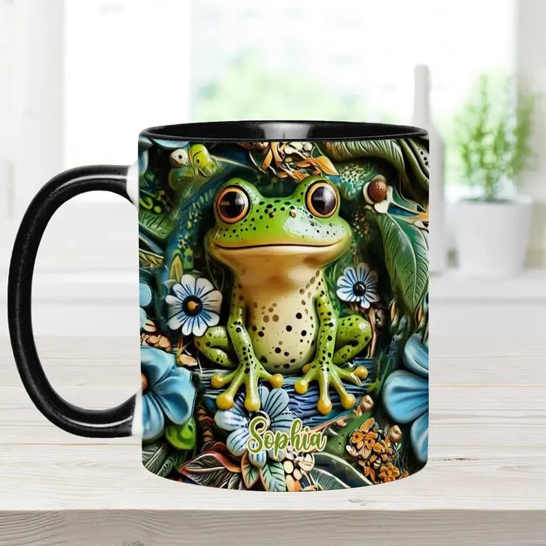 Personalized Frog Accent Mug, Custom Cute Frog Ceramic Coffee Cup, Gift for Frog Lover Women Mom Friend, Mother’s Day Birthday Gift