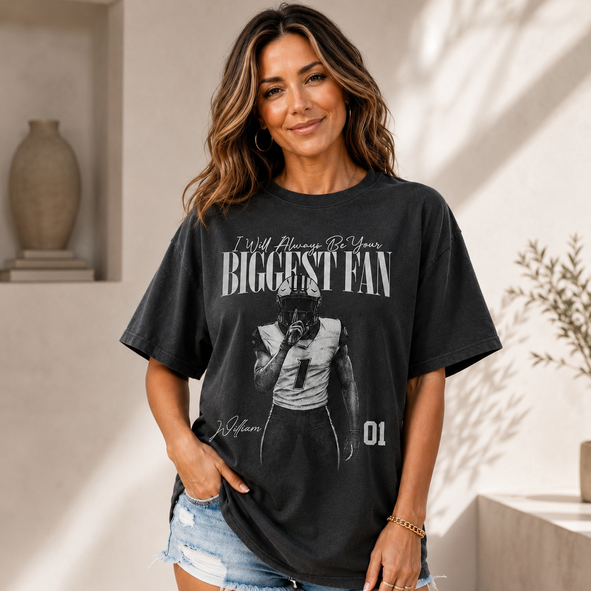 Personalized Football Player Photo Shirt, I’ll Always Be Your Biggest Fan Custom Name & Number Tee, Football Mom Dad Gift