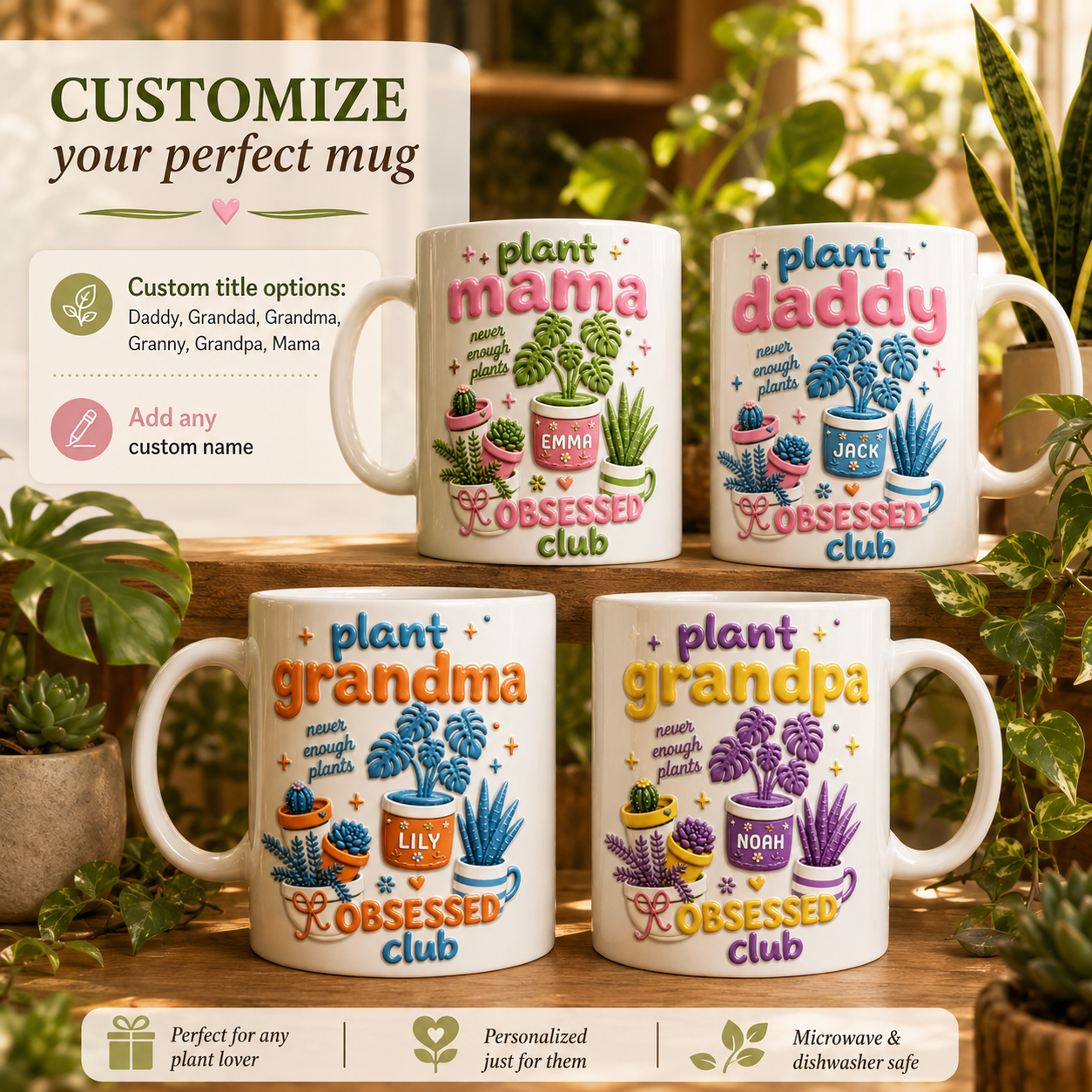 Personalized Plant Mama Ceramic Mug 3D Effect with Custom Name, 3D Gardening Coffee Cup Gift for Plant Lovers, Moms, Gardeners
