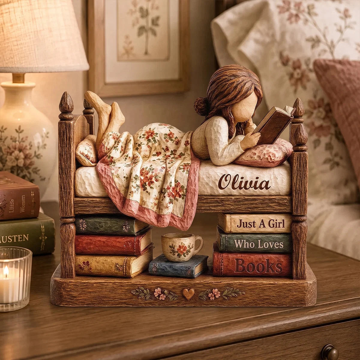 Personalized Book Lover Wooden Plaque with Name, Custom Girl Reading Desk Decor, Gift for Reader Women Daughter Sister Bookworm
