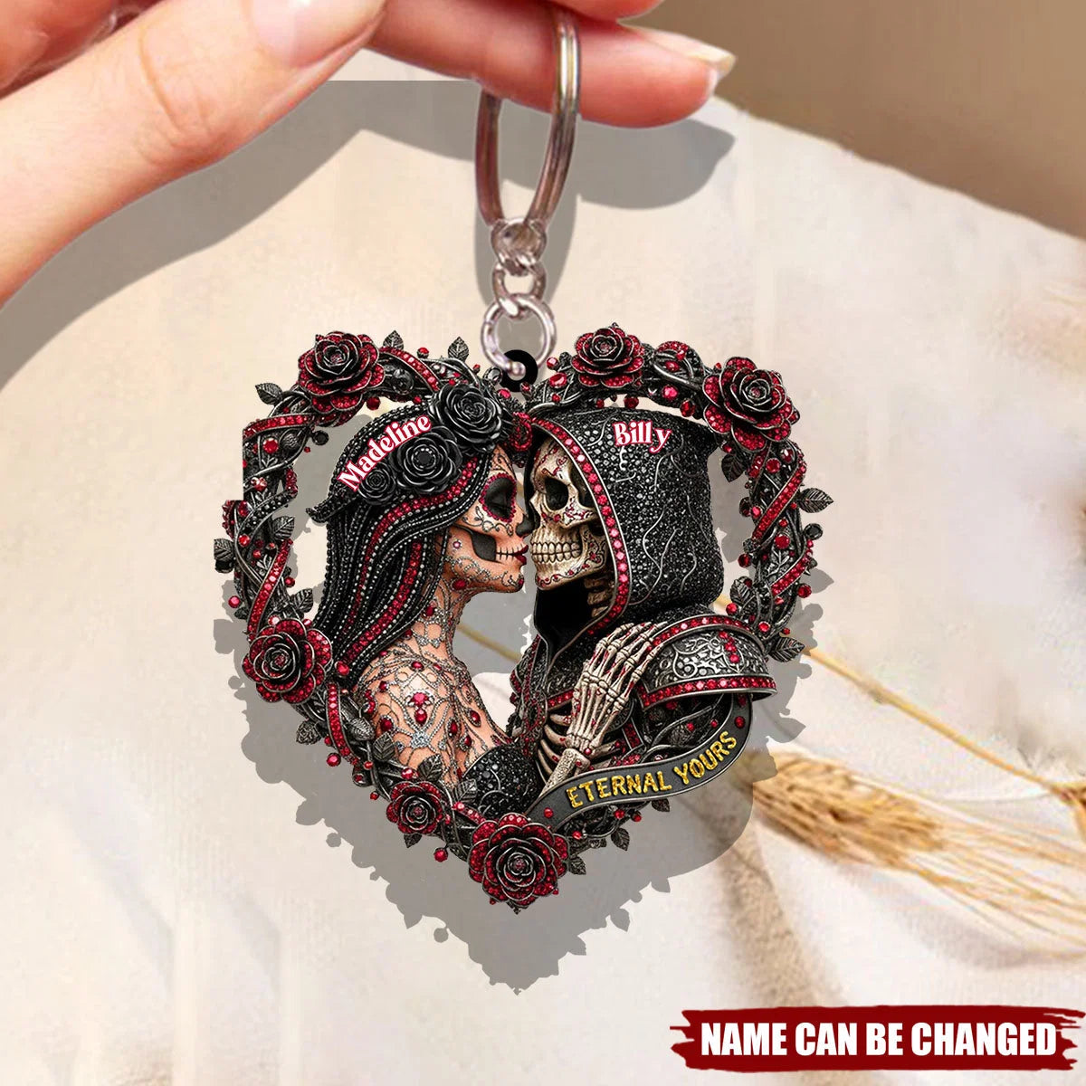 Personalized Skull Couple 3D Effect Keychain, Custom Gothic Couple Key Ring, Romantic Gift for Husband Wife Boyfriend Girlfriend