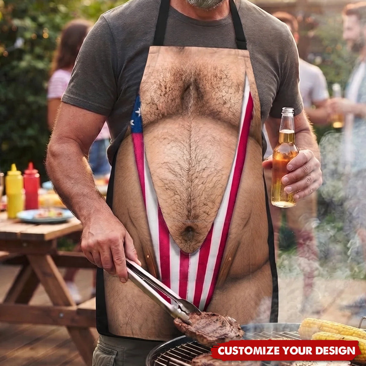 Personalized Funny Hairy Body BBQ Apron, 3D Effect Grill Master Cooking Apron, Gag Gift for Husband Dad Boyfriend Brother