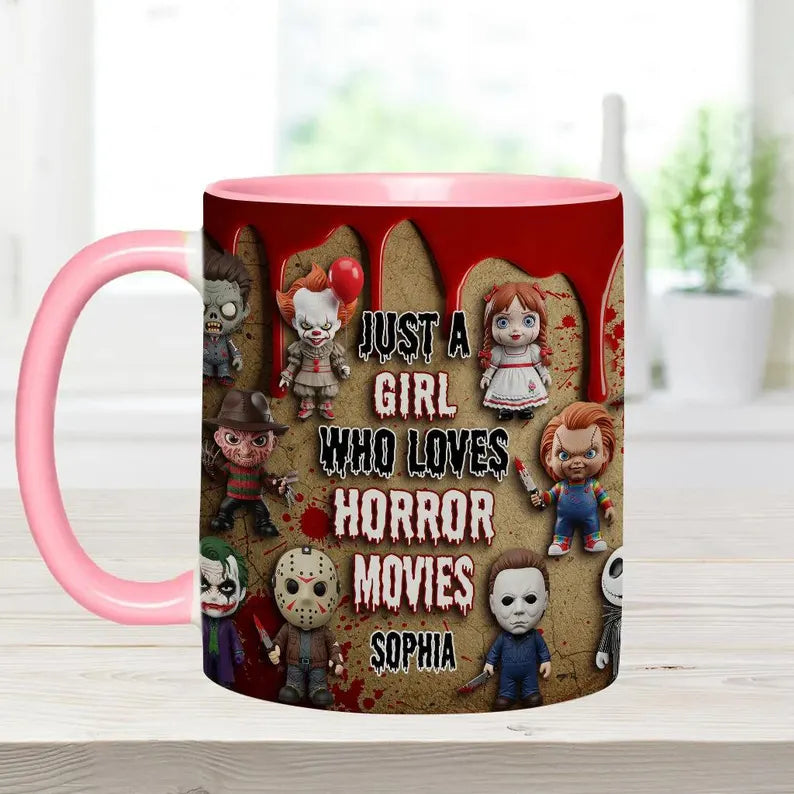 Personalized Horror Movie 3D Effect Accent Mug, Just A Girl Who Loves Horror Movies Ceramic Coffee Cup, Halloween Gift for Horror Fan Women