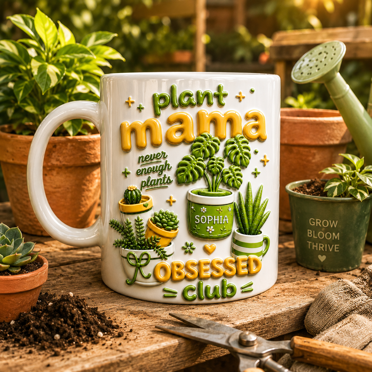 Personalized Plant Mama Ceramic Mug 3D Effect with Custom Name, 3D Gardening Coffee Cup Gift for Plant Lovers, Moms, Gardeners