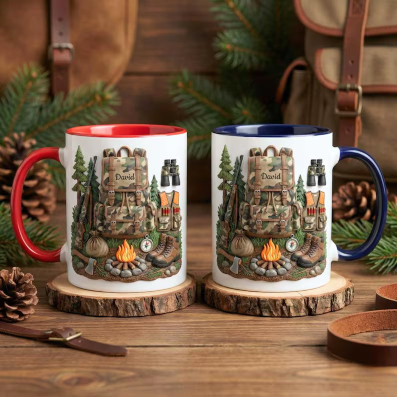 Personalized Hunting Mug with Name, Custom Hunter Ceramic Coffee Cup, Nature Lover Gift for Dad Grandpa Husband, Father’s Day Gift