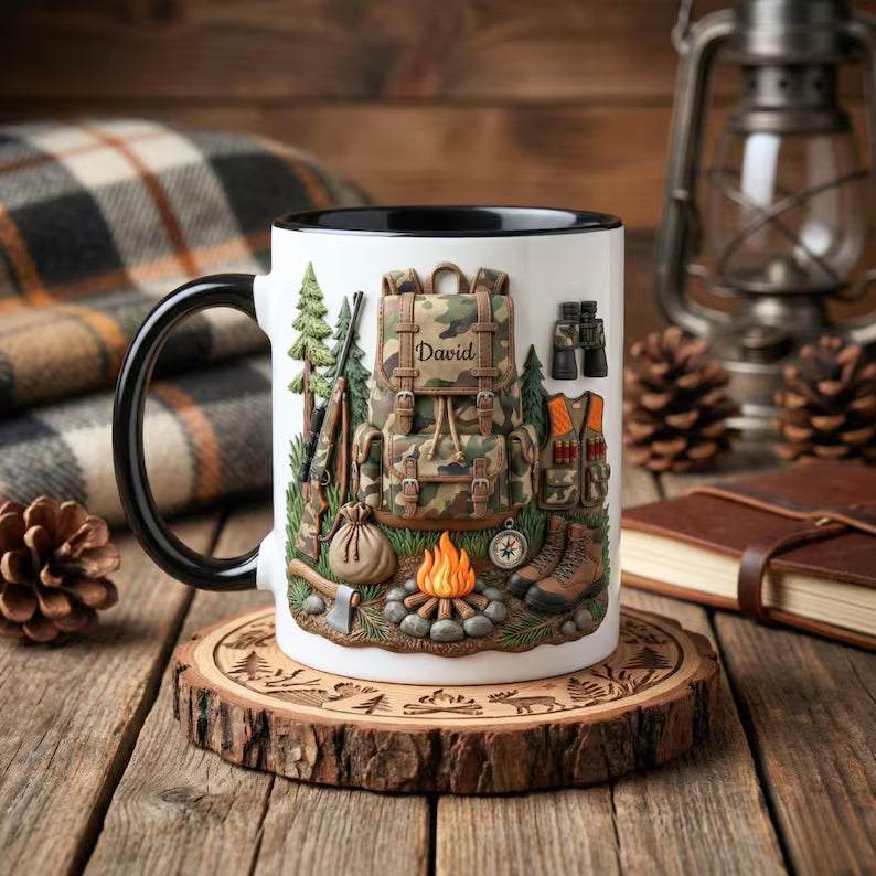 Personalized Hunting Mug with Name, Custom Hunter Ceramic Coffee Cup, Nature Lover Gift for Dad Grandpa Husband, Father’s Day Gift