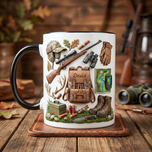 Personalized Hunting Mug with Name, Custom Hunter Ceramic Coffee Cup, Nature Lover Gift for Dad Grandpa Husband, Father’s Day Gift