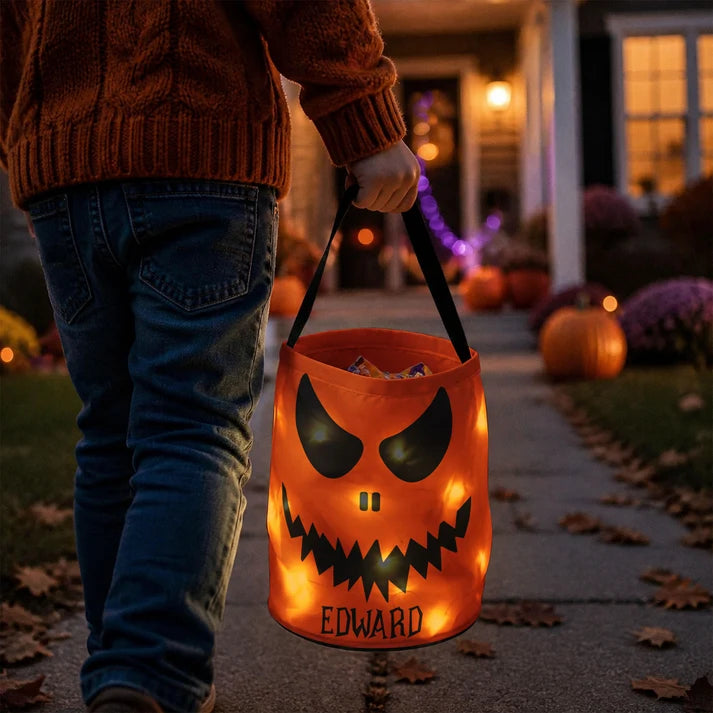 Personalized Halloween Candy Bag for Kids, Scary Pumpkin Face LED Trick or Treat Basket, Light Up Halloween Tote for Boys Girls