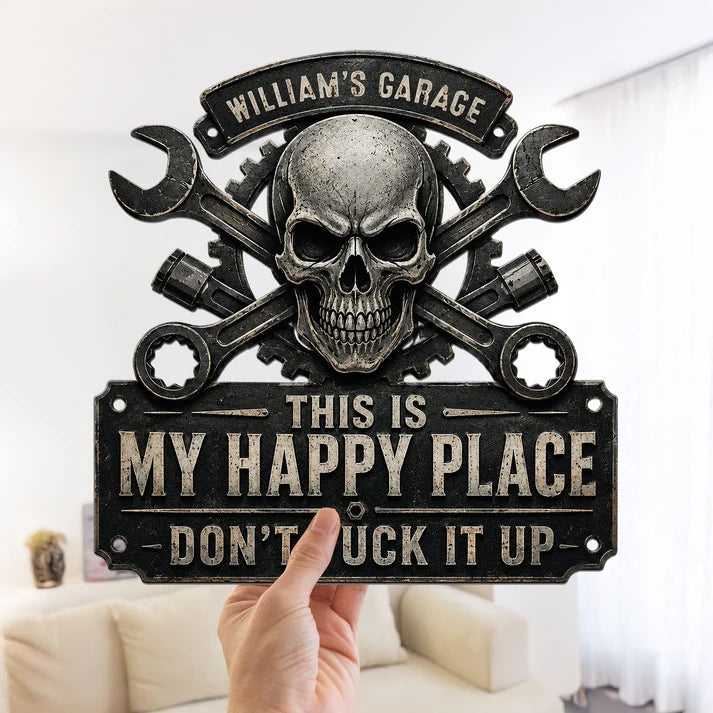 Personalized Garage Metal Sign, This Is My Happy Place Custom Man Cave Workshop Sign, Gift for Dad Husband Grandpa Mechanic Handyman