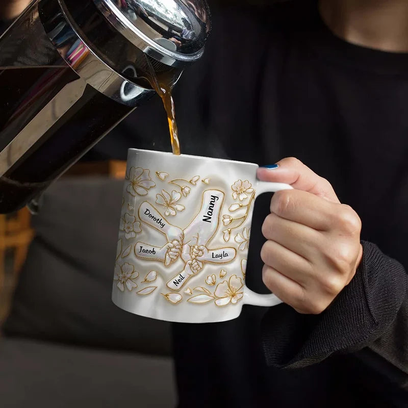 Personalized Mom Grandma 3D Effect Mug with Names, Custom Hand in Hand Nacre Ceramic Cup, Mother’s Day Gift for Mom Grandma Nana