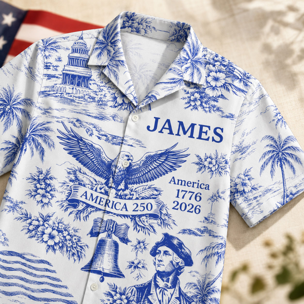 Patriotic America 250 Hawaiian Shirt – Personalized 1776–2026 250 Years of Freedom Shirt, Custom Name 4th of July Gift for Men