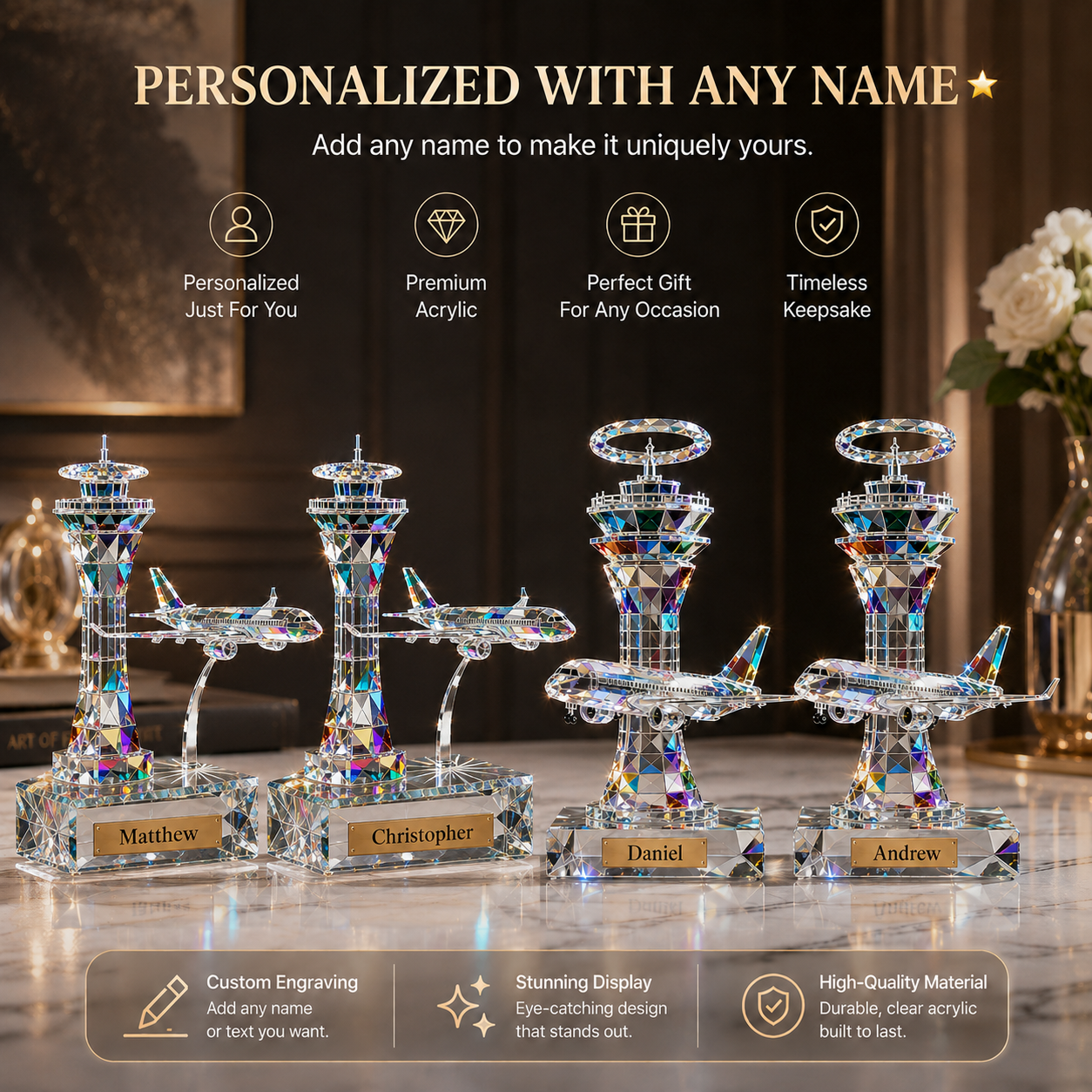 Personalized Air Traffic Control Tower 3D Effect Acrylic Plaque with Custom Name, Aviation Gift for Pilot, Airplane Desk Decor, Crystal Display
