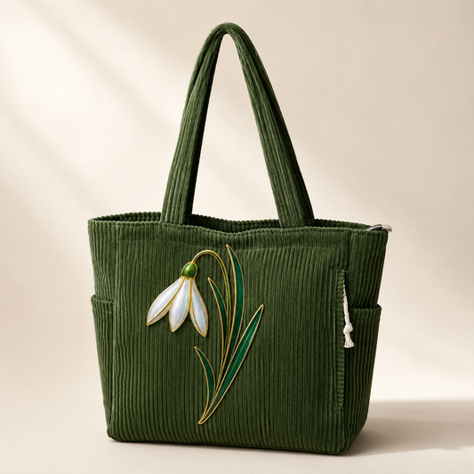 Personalized Birth Flower Tote Bag, Custom Name Corduroy Handbag with Mother of Pearl Floral Design, Birthday Gift for Women Mom