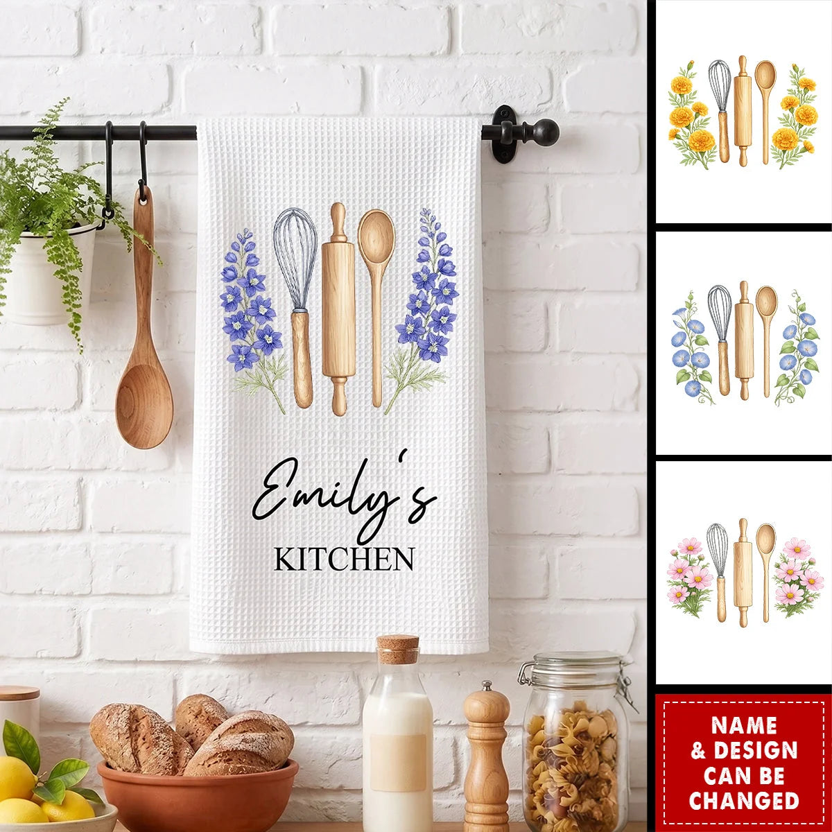Personalized Birth Month Flower Kitchen Towel with Name, Custom Floral Microfiber Tea Towel, Gift for Mom Grandma Wife Her