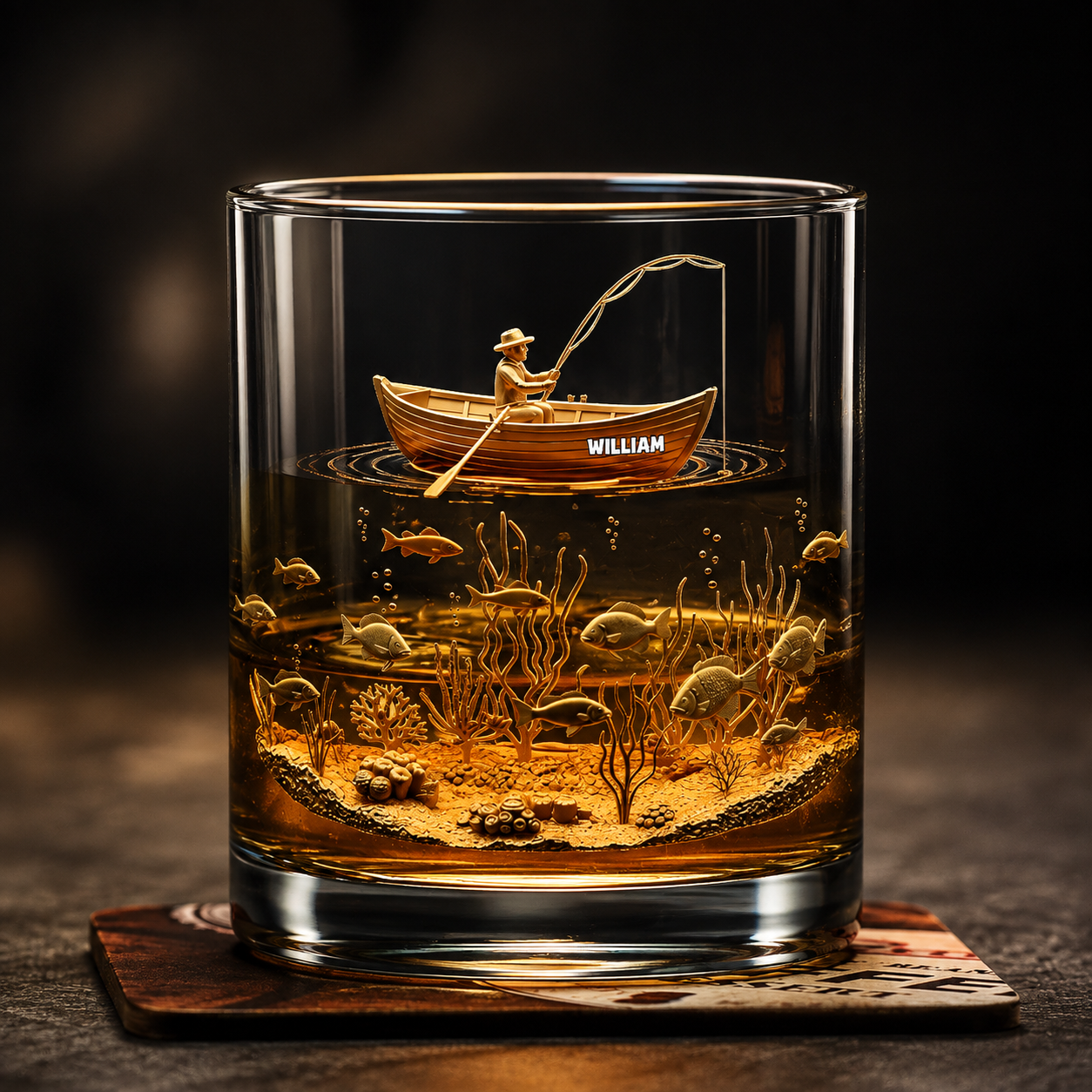 Personalized Fishing 3D Effect Whiskey Glass, Custom Name Rock Glass, Fisherman Gift for Dad Husband Fishing Lovers