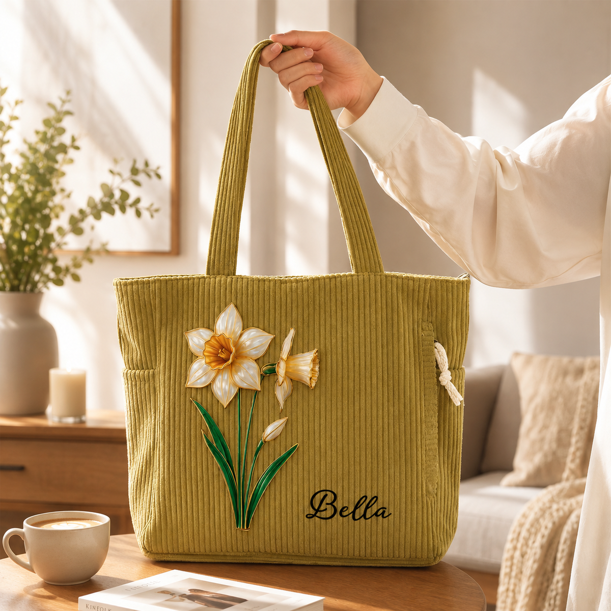 Personalized Birth Flower Tote Bag, Custom Name Corduroy Handbag with Mother of Pearl Floral Design, Birthday Gift for Women Mom