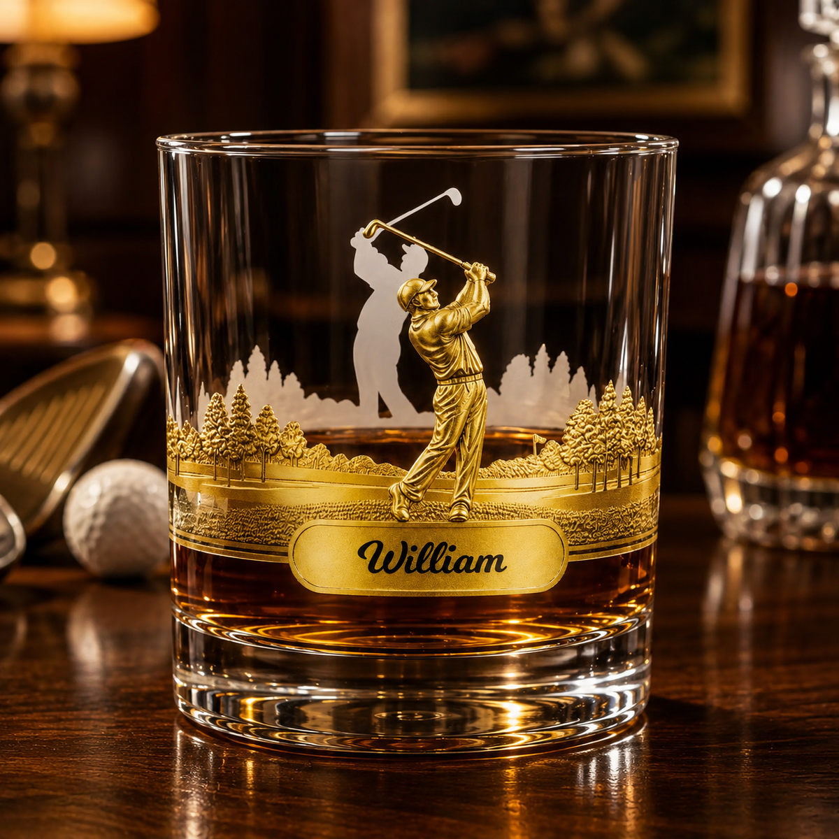 Personalized Golf 3D Effect Swing Whisky Glass, Custom Name 10 oz Old Fashioned Glass, Golf Lover Gift for Dad Husband Men